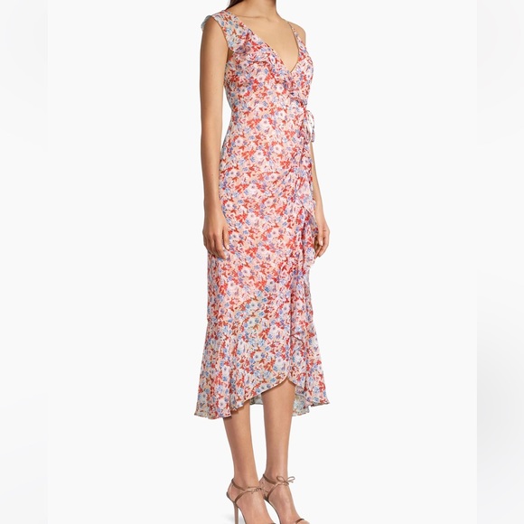 LAUNDRY BY SHELLI SEGAL - NWOT- Asymmetric Floral Ruffle Midi Dress in Peach - Picture 13 of 14